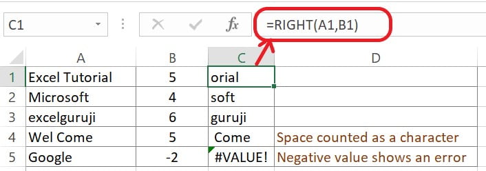 Excel RIGHT Function Example 2