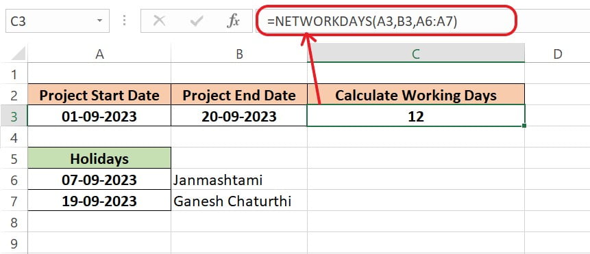 Excel NETWORKDAYS Function Example 2