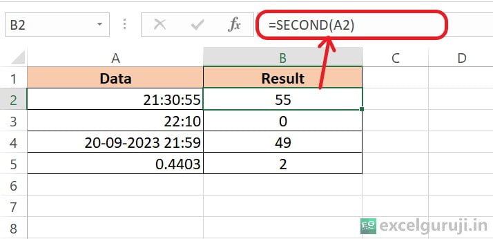 Excel-SECOND-Function-Example