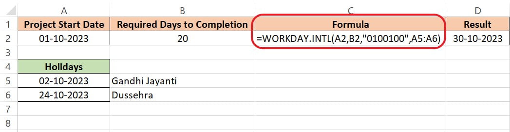 Excel WORKDAY.INTL Function Example 5