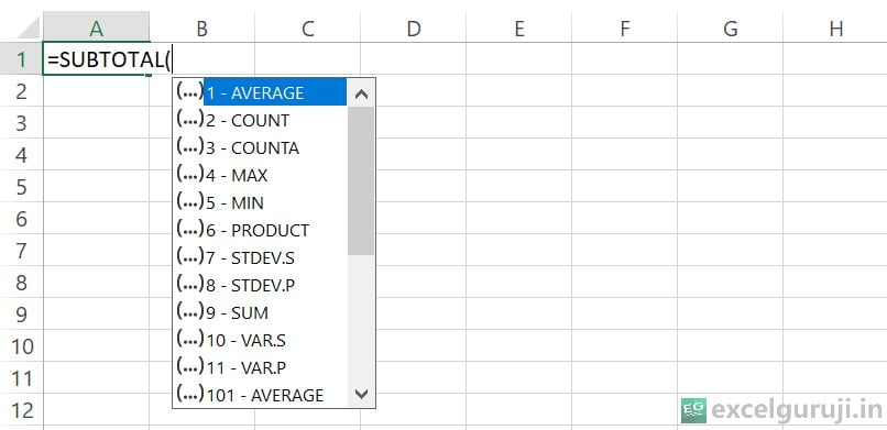 Excel SUBTOTAL Function Argument