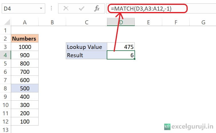 Excel MATCH Function Example 3