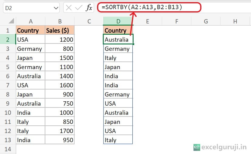 Excel SORTBY Function Example 1