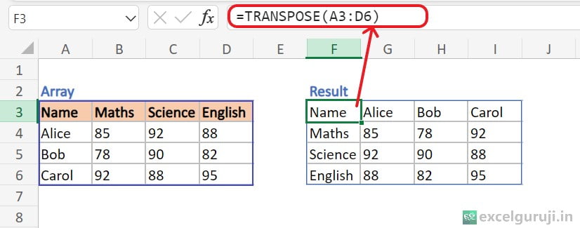 Excel TRANSPOSE Function Example 1