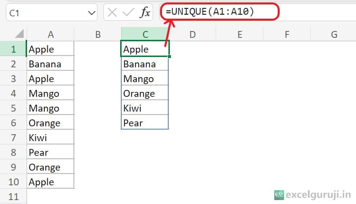 Excel-UNIQUE-Function-Example-1