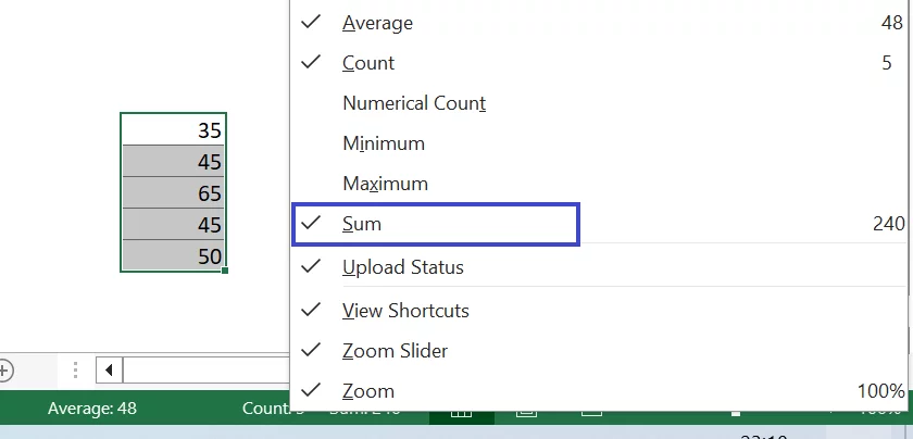 How to sum in Excel from Status Bar